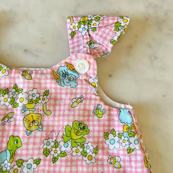 Vintage 70s Baby Girl Animal Gingham Floral Print Tank Top / 3 6 9 Months - Picture 2 of 8